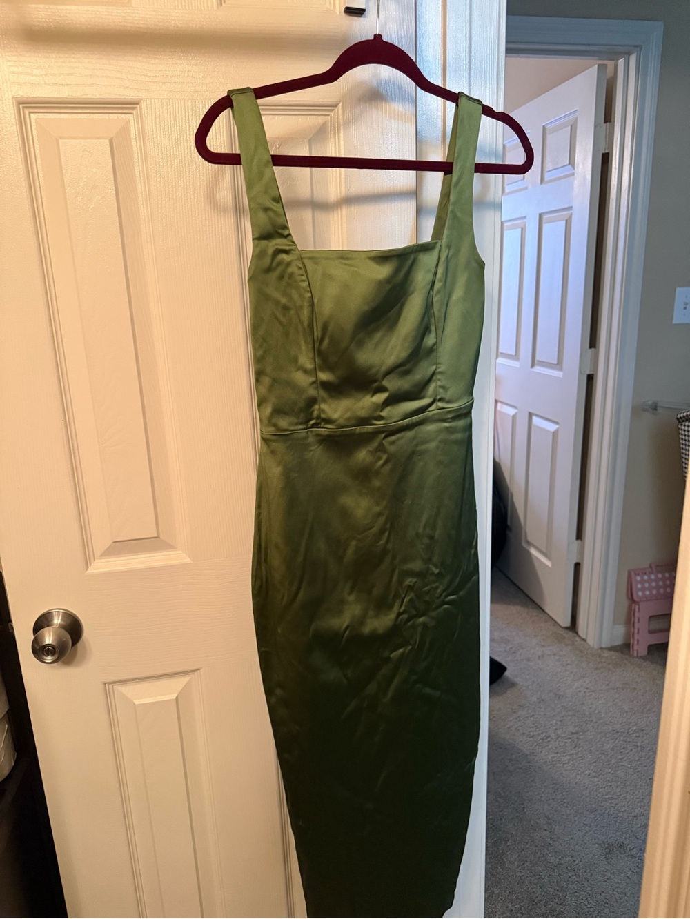 Abercrombie & Fitch Olive Green Satin Square-Neck Midi Dress